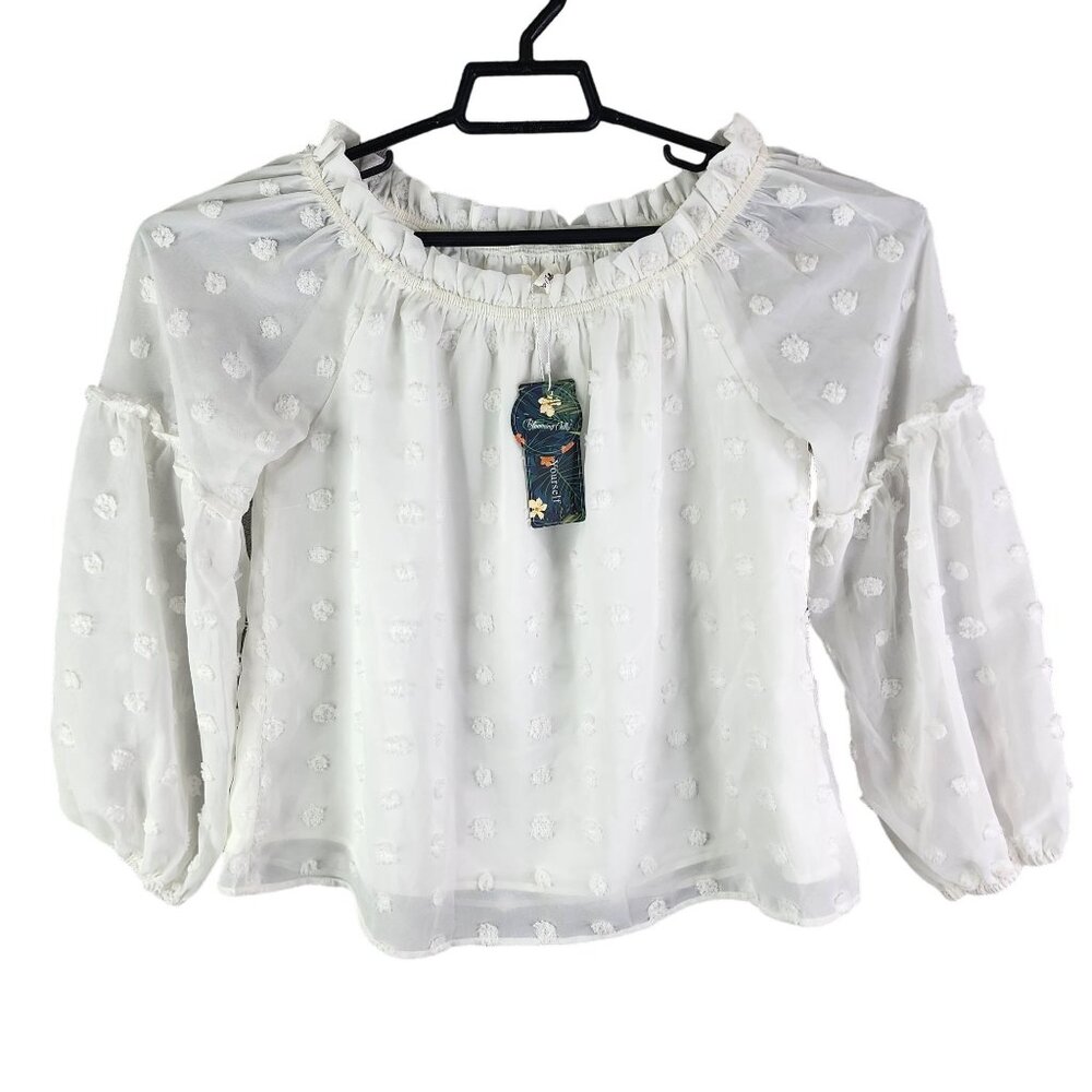 Womens Blooming Jelly White Polka Dot Chiffon Blouse Long Sleeve Off Shoulder S
